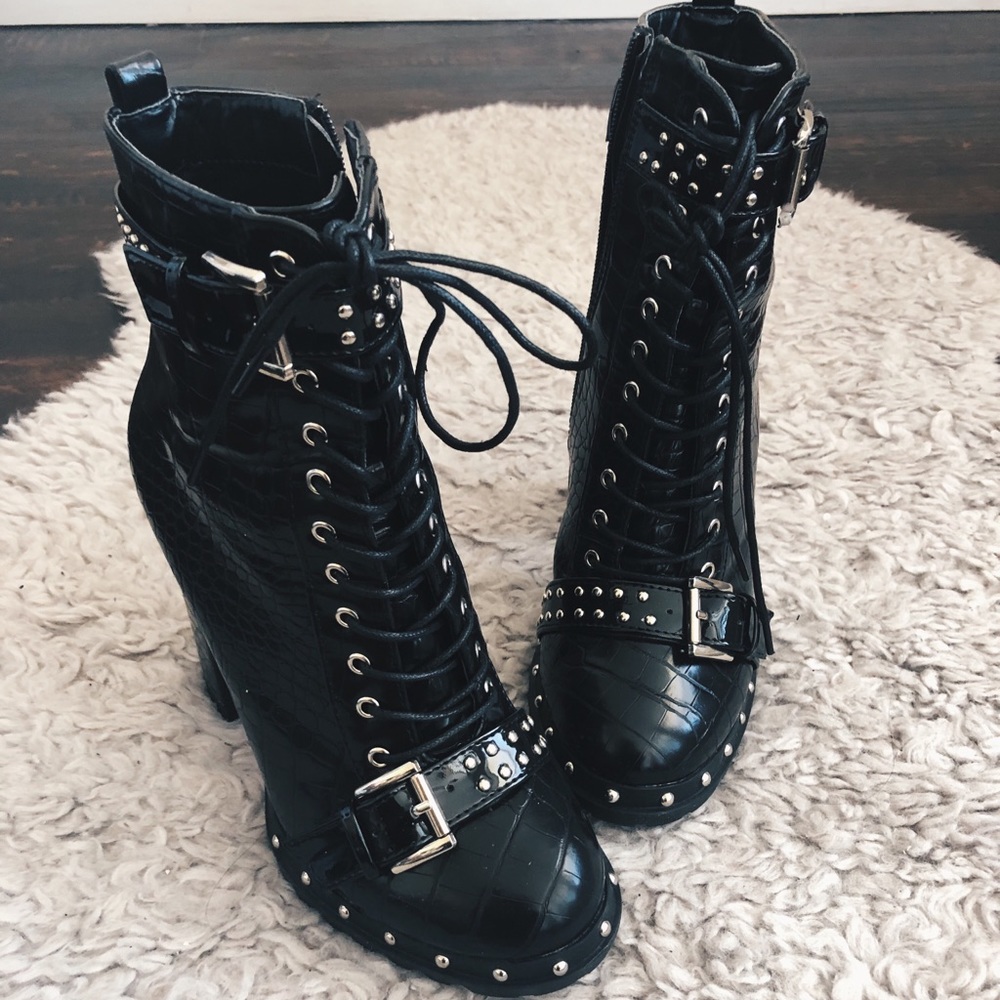 Pretty Little Thing Lace-up Croc Studded Booties